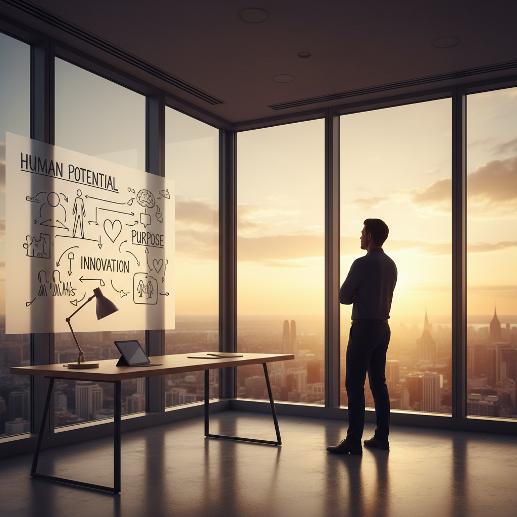 Visionary founder overlooking cityscape at golden hour